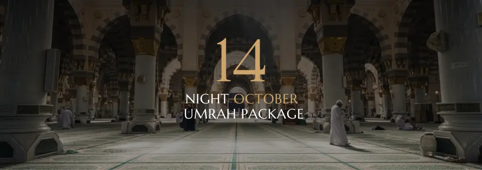 October 14 nights Umrah package banner showing Makkah and Madina travel details.