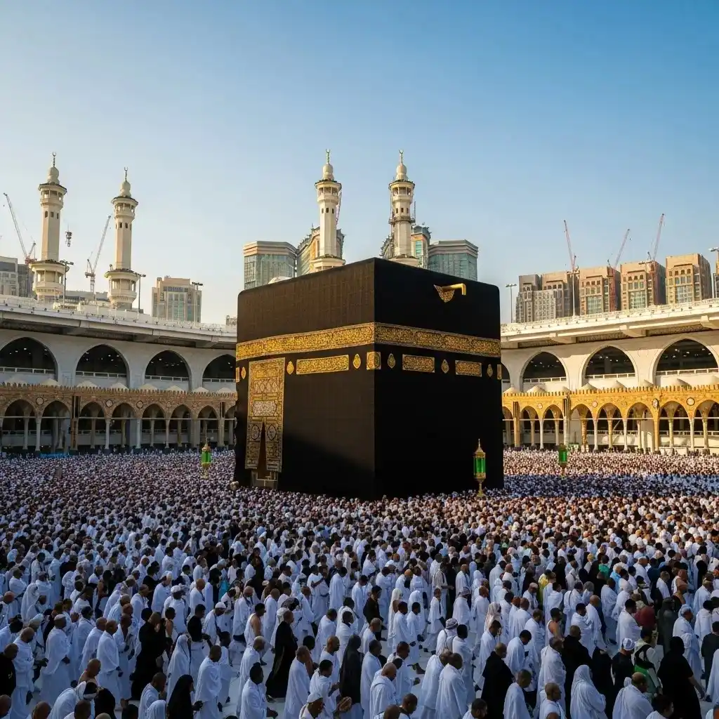 Pilgrims performing Tawaf around the Holy Kaaba in Mecca, featured in our affordable 3 star Umrah packages for 2026.