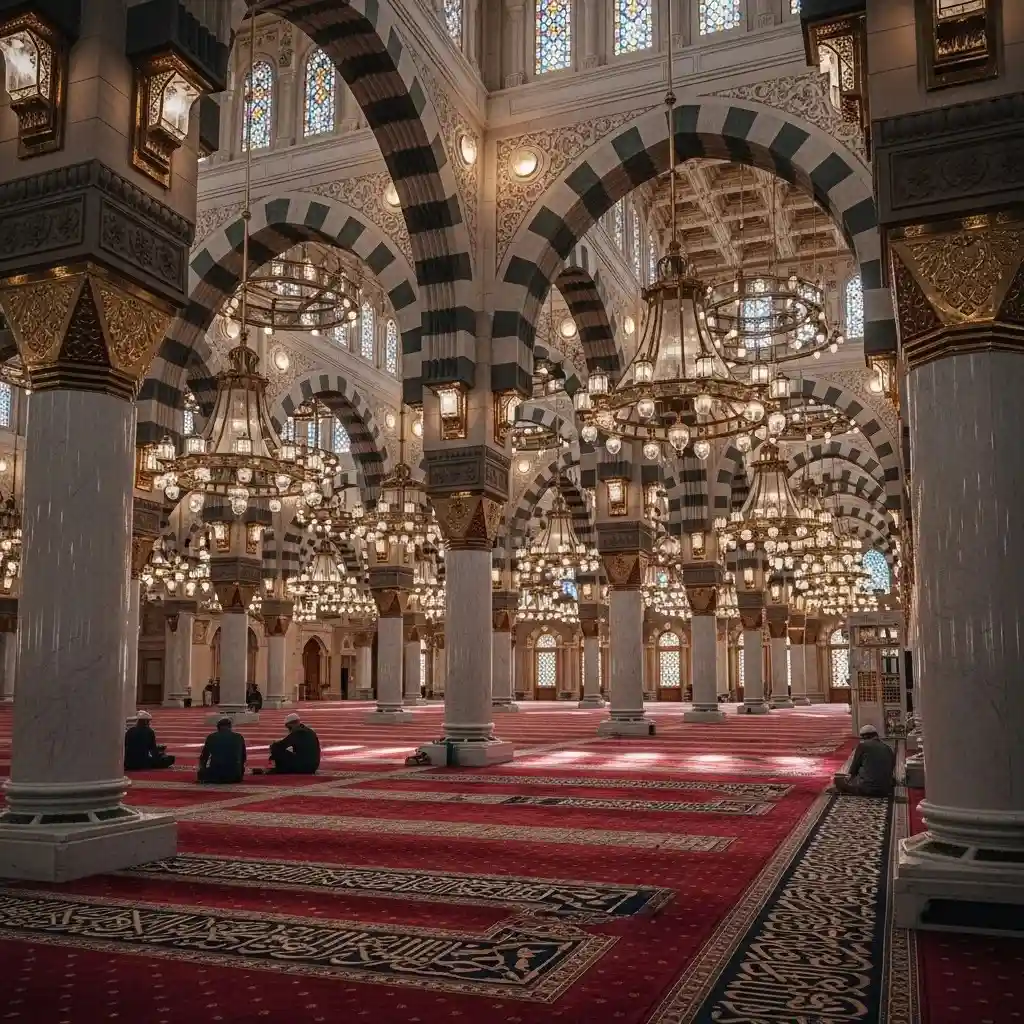 Interior of Masjid Nabawi with ornate arches and chandeliers, ideal for pilgrims seeking 4 star Umrah packages.