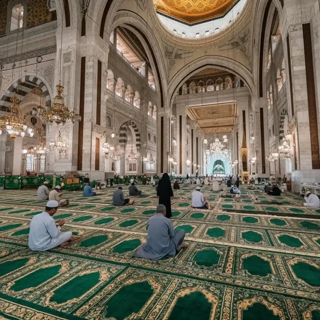 Ornate pillars and chandeliers inside Masjid Nabawi, featured in our high-quality 4 star Umrah packages for 2026.