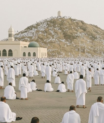 Large pilgrims gathering for group Umrah packages at Mount Arafat and Nimra Mosque during the spiritual Hajj season.