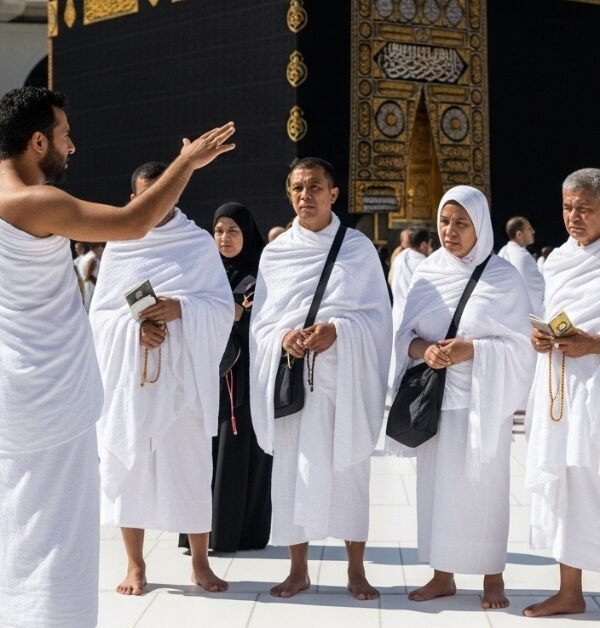 Pilgrims in white Ihram stand before the Kaaba in Mecca as a guide explains the ritual. Text reads "How to Perform Umrah" and "Step By Step Guide.