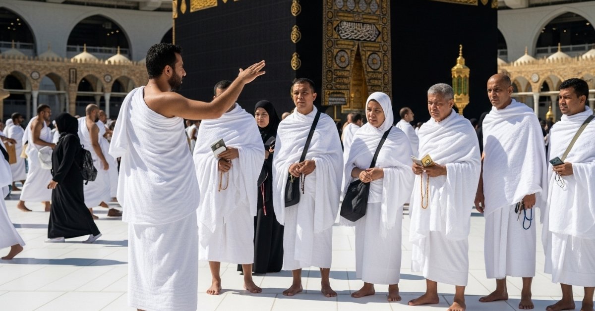 Pilgrims in white Ihram stand before the Kaaba in Mecca as a guide explains the ritual. Text reads "How to Perform Umrah" and "Step By Step Guide.