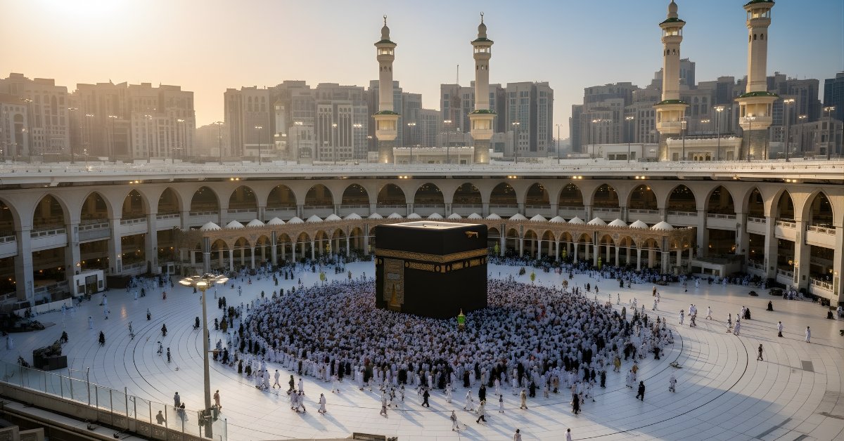 Pilgrims performing Tawaf around the Kaaba at Masjid al-Haram during Ramadan Umrah in Makkah