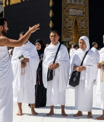 Pilgrims in white Ihram stand before the Kaaba in Mecca as a guide explains the ritual. Text reads "How to Perform Umrah" and "Step By Step Guide.